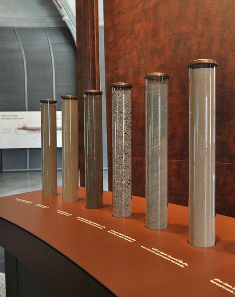 https://raai.com/project/buhais-geology-park/ - Ralph Applebaum Associates - Exhibit Cabinet - Inspired by the use of a unique stand to show the differences in soil type as efficiently as possible. Geology Exhibition, Soil Type, Shelving Design, Petri Dish, Soil Testing, Exhibition Stand, Types Of Soil, Stage Design, History Museum