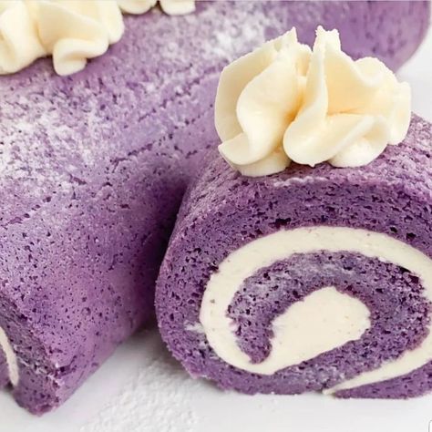 Ube Cake Aesthetic, Ube Roll Cake, Ube Aesthetic, Ube Roll, Ube Dessert, Exotic Desserts, Ube Cake, Purple Desserts, Filipino Food Dessert