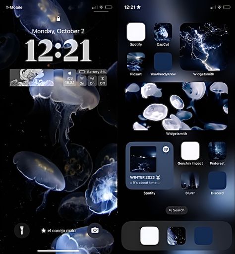 Jellyfish Aesthetic Homescreen, Aquarium Iphone Layout, Jellyfish Iphone Theme, Dark Blue Ios Layout, Jellyfish Homescreen Layout, Jellyfish Phone Layout, Jellyfish Ios Layout, Jellyfish Iphone Layout, Jellyfish Layout