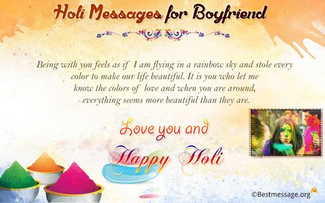 Romantic Holi Wishes, Message For Your Boyfriend - Sent Sweet Love Quotes, Pictures, Images for your boyfriend’s mood delight for this Holi season. Holi Message For Love, Holi Wishes For Boyfriend, Happy Holi Wishes To My Love, Holi Wishes For Love, Message For Your Boyfriend, Holi Quotes In English, Holi Wishes Messages, Happy Holi Message, Holi Messages