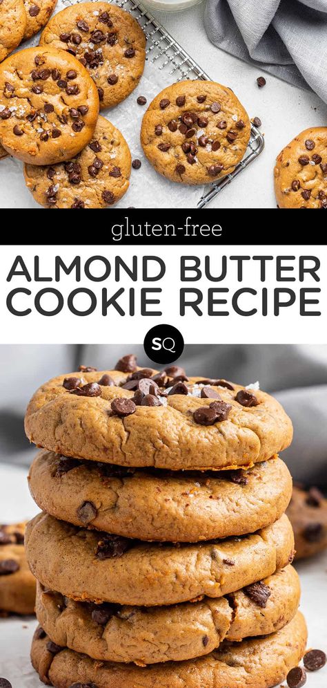 These healthy Almond Butter Chocolate Chip Cookies are incredibly soft and gooey in the center. They're made with eggs, almond butter, and oat flour, making them extremely rich, flavorful, and satisfying. Also gluten-free and refined sugar-free! They're great for meal prep because you can make them ahead of time and then enjoy them as a dessert or snack whenever. Don't miss how to make these almond butter chocolate chip cookies and a list of other healthy chocolate chip cookies on the blog! Flourless Almond Butter Cookies, Almond Butter Oat Cookies, Almond Butter Sandwich, Almond Butter Healthy Snacks, Almond Butter Oats, Healthy Almond Butter Cookies, Healthy Almond Cookies, Gluten Free Almond Butter Cookies, Almond Butter Recipes Healthy