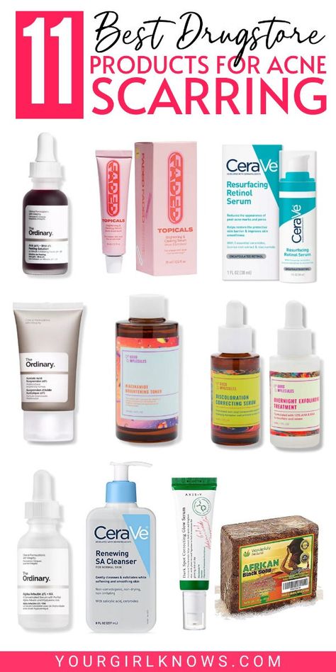 11 BEST Drugstore Products for Acne Scarring YOU Don’t Wanna Miss Acne Scar Skin Care Products, Products For Acne Scarring, Products For Acne Marks, Scarring Remedies, Products For Acne Prone Skin, Best Products For Acne, Acne Scar Remedies, Best Drugstore Products, Products For Acne