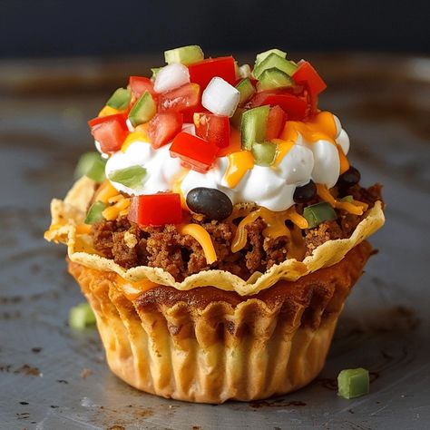 Taco Cupcakes Recipe: A Fun Twist on a Classic! Taco Cupcakes Recipe, Taco Cupcakes Wonton, Taco Cupcakes, Taco Cups, Crispy Tacos, Night Recipes, Shredded Cheddar Cheese, Wonton Wrappers, Monterey Jack