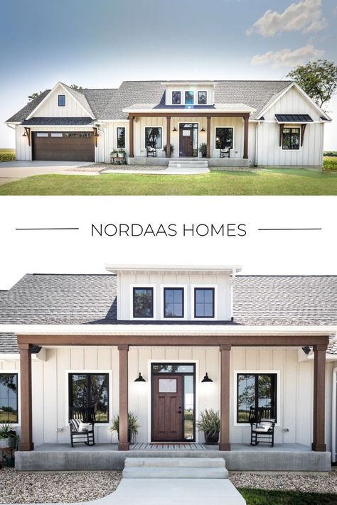 Tour this new, single story modern farmhouse built by Nordaas Homes. This custom home features Diamond Kote board & batten elements provide a sleek, modern farmhouse style. Adding to the modern flair, black Andersen windows provide a striking contrast to the white exterior, while touches of wood balance the overall design. We design, build and remodel homes across the Midwest. Contact us for more information at Nordaas Homes. Farmhouse Design Exterior, White Farmhouse Exterior, White Modern Farmhouse, White Exterior Houses, Ranch House Exterior, Farmhouse Exterior Design, House Exterior Paint, Modern Farmhouse Design, Modern Farmhouse Exterior