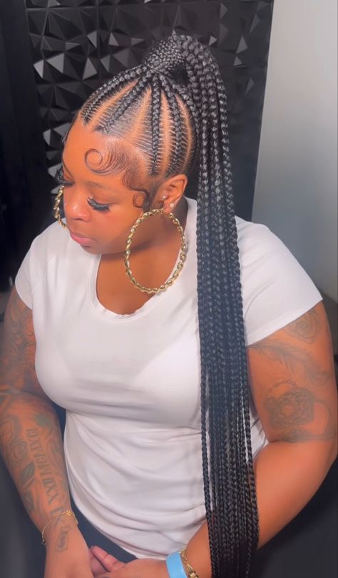 Feed In Braided Ponytail Hairstyles, 5 Feed In Braid Styles, Feed In Ponytail, Lemonade Braids Hairstyles, Unique Braids, Pony Tails, Big Box Braids Hairstyles, Black Ponytail Hairstyles, Feed In Braids Hairstyles