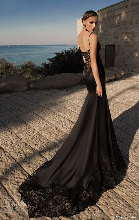 black spaghetti strap mermaid wedding dress with a lace back and skirt edge Black Wedding Gowns, Gothic Bride, Evening Dress Long, Evening Dress Collection, Gothic Wedding Dress, Dark Wedding, Galia Lahav, Black Bridal, Black White Wedding