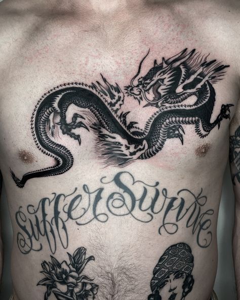 By @juddbowman at Tiger Club Tattoo in Honolulu Hawaii @tigerclub.tattoo Judd Bowman Trad Dragon Tattoo, Tiger Traditional Tattoo, Traditional Japanese Dragon Tattoo, Dragon Chest Tattoo, Traditional Dragon Tattoo, Traditional Japanese Dragon, Traditional Tiger Tattoo, Dragon Tattoo Chest, Trad Flash