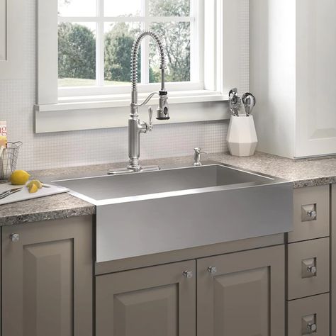 KOHLER Vault Farmhouse Apron Front 35.75-in x 24.31-in Stainless Steel Single Bowl 4-Hole Kitchen Sink in the Kitchen Sinks department at Lowes.com Single Basin Sink Kitchen, Stainless Apron Sink Kitchen, Xl Kitchen Sink, Stainless Farm Sink, Large Kitchen Sink Ideas, Farmers Sink Kitchen, Modern Farmhouse Kitchen Sink, Farmhouse Kitchen Sink Ideas, Stainless Steel Apron Front Sink