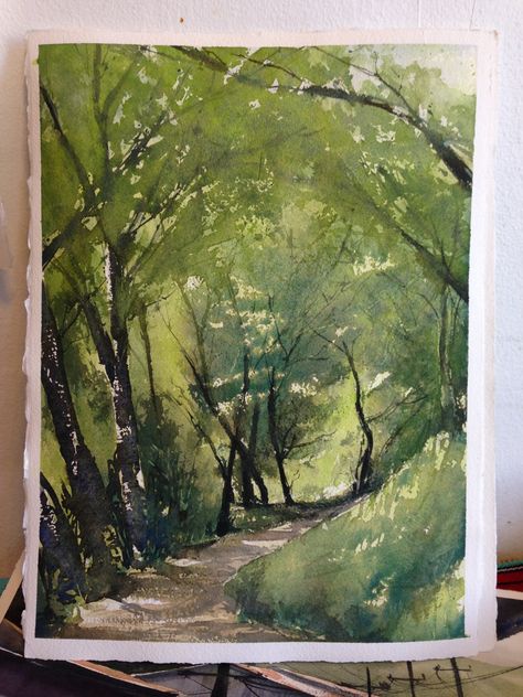 I Love Green, Forest Drawing, Tree Watercolor Painting, Watercolor Art Landscape, Watercolour Landscape, Watercolor Mixing, Green Paintings, Forest Path, Forest Painting