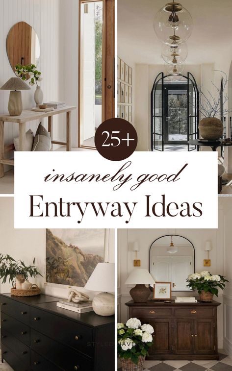 Searching for pretty, stylish entryway ideas for your home? Whether your home entryway is small or really wide, you can implement these super stylish entryway decor ideas in ANY space! From entryway console tables to benches and beyond - these simple home decor tips will totally transform your space! (SAVE these entrance ideas to your interior design or home décor board for later!) Entryway Foyer Decor, Using A Dresser In The Entryway, Entry With Bench And Mirror, Small Foyer Design Ideas, Hallway Entry Ideas, Entrance Console Design, Feng Shui Entryway, Modern Entryway Ideas, Entrance Ideas Entryway