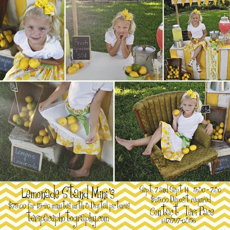 Lemonade Stand Mini's Photo Shoot Mini Sessions, Lemons Photoshoot, Lemon Pics, Lemonade Photoshoot, Summer Jobs For Kids, Stand Photoshoot, Lemonade Stand Photo Shoot, Mini Photography, 2nd Birthday Party For Girl