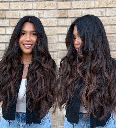 Highlights For 2023, Chocolate Balayage Hair, Dark Chocolate Balayage, Chocolate Balayage, Dark Brown Hair With Highlights, Dark Ombre Hair, Black Hair Ombre, Dark Chocolate Hair, Brown Hair Inspiration