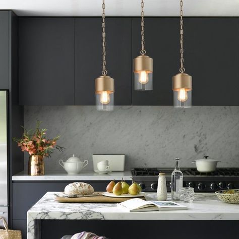 12 Functional Kitchen Cabinet Designs 3 Pendant Lights Over Island Brass, Gold Pendant Lighting Over Island, Gold Pendant Lights Over Kitchen Island, Gold Kitchen Pendant Lights, Kitchen Cabinet Color Schemes, Gold Pendant Lights, Kitchen Renos, Lights For Dining Room, Lights Over Kitchen Island