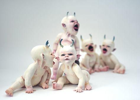 Ronit Baranga horned babies sculpture Baby Statue, Bizarre Magazine, Beautiful Bizarre, Demon Baby, Figurative Kunst, Horror Vintage, Arte Peculiar, Scary Dolls, Editorial Magazine