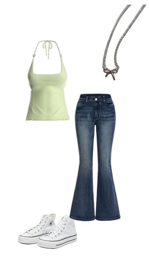 square neck green tank, flare jeans, white converse, outfit inspiration, lime green tank top, flare jeans outfit, converse outfit, tank top outfit Square Neck Tank Top Outfit, Flared Jeans Outfit Summer, White Converse Outfit, Green Top Outfit, Flare Jean Outfit, Outfit Converse, Tank Top Outfit, Flare Jeans Outfit, Converse Outfit