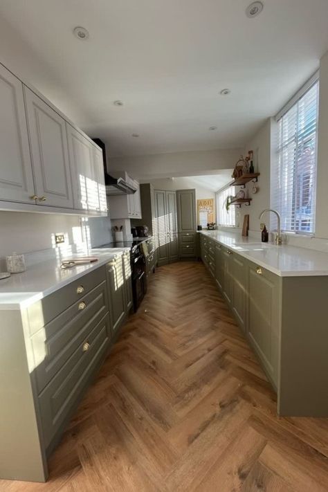 Green And White Galley Kitchen, Herringbone Floor Green Kitchen, Two Colour Kitchen Units, Kitchen With Herringbone Floor, Herringbone Wood Floor Kitchen, Herringbone Kitchen Floor, Herringbone Floor Kitchen, Kitchen Herringbone Floor, Galley Kitchen Cabinets