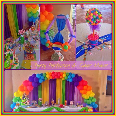 Candy Land theme Sweet 15 by Glenda Rainbow Theam Decoration, Candyland Party Theme, Candy Theme Birthday Party, Balloons Galore, Candy Themed Party, Candy Balloons, Candy Land Birthday Party, Rainbow Theme Party, Troll Party