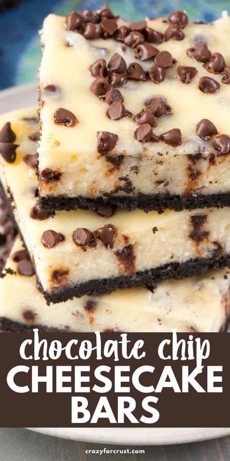 Perfect Chocolate Chip Cheesecake Bars are thick and creamy and really are the perfect cheesecake recipe with Oreo crust made in a 9x13 pan! These are so good - everyone loves how much chocolate there is! Baked Cheesecake In 9x13 Pan, Chocolate Chip Cream Cheese Pie, Cheesecake In A Pan, Cake Pan Cheesecake, Oreo Chocolate Chip Cheesecake Bars, Chocolate Cheesecake Bars 9x13, Sheet Pan Cheesecake Bars, Chocolate Chip Cheesecake Recipes Easy, 13 X 9 Cheesecake Recipes