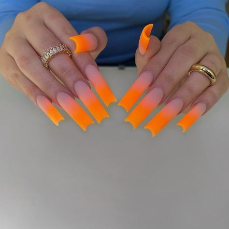 Orange Long Nails Acrylic, Ombre Orange Acrylic Nails, Neon Orange Ombre Nails, Ombré Orange Nails, Long Orange Acrylic Nails, Ombre Orange Nails, Long Orange Nails, Orange Birthday Nails, Orange Nails Long