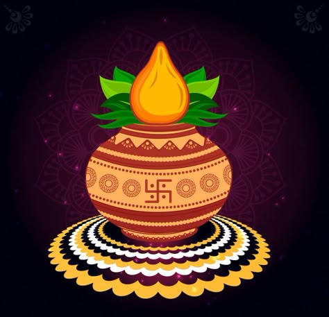 Copper kalash with coconut and mango leaf with floral decoration. essential in hindu puja. | Premium Photo Kumbam Images, Kalash Painting Ideas, Kalash Decoration Painting, Kalash Illustration, Kalash Png, Dhanteras Images, Ancient Lamp, Mango Leaf, Kalash Decoration