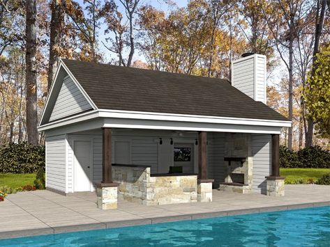 062P-0009: Pool House Plan Offers Walk-In Pantry, TV Nook and Half Bath Exterior Fireplace, Narrow Lot House, Pool House Designs, Building A Garage, Pool House Plans, Country House Plan, Country Style House Plans, Craftsman House Plan, Building Permits