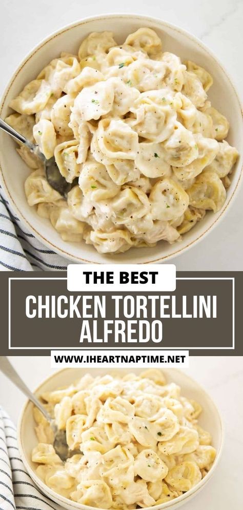 This chicken tortellini Alfredo is easy to make with rotisserie chicken, cheese tortellini and a simple Alfredo sauce. It’s a simple weeknight dinner ready in only 20 minutes! Cheese Tortellini With Alfredo Sauce, Cheese Ravioli Alfredo, Chicken Alfredo With Tortellini, Light Chicken Alfredo Recipe, Chicken Tortellini Alfredo Bake, Cheese Tortellini With Chicken, Dinner Ideas Tortellini, Tortellini Chicken Recipes, Tortellini And Chicken Recipes