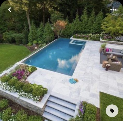 Outdoor Pool On Slope, Pool With Patio Ideas, Raised Pools Ideas, Back Garden Pool, Pool Patio Landscaping Backyard Ideas, Elevated Inground Pool, Backyard Hardscape Ideas With Pool, Landscape Around A Pool, Pool Terrace Ideas