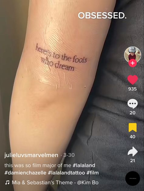 La La Land Inspired Tattoo, Effort Tattoo, La La Land Tattoo Minimalist, La La Land Outfits Inspiration, Lala Land Tattoo Ideas, La La Land Tattoo Ideas, Theatre Tattoos, Lala Land Tattoo, Theatre Tattoo Ideas