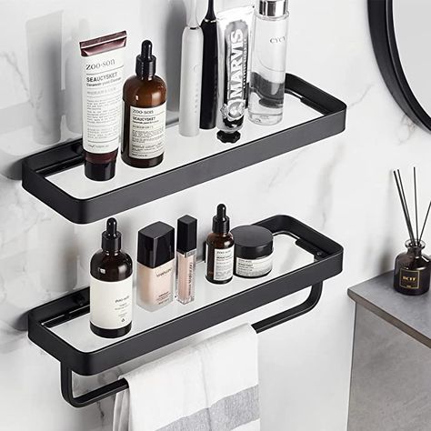 AmazonSmile: Bathroom Wall Shelf Black 15.7 in Glass Shelf for Bathroom Floating Shelf with Towel Holder Glass Shower Shelf 2 Tier : Tools & Home Improvement Palm Bathroom, Bathroom Floating Shelf, Glass Shower Shelves, Float Shelf, Black Wall Shelves, Glass Bathroom Shelves, Glass Shelves In Bathroom, Wand Organizer, Bathroom Wall Shelves