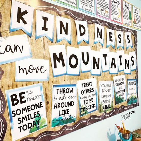 Kindness Can Move Mountains Bulletin Board, Mountain Classroom Theme Decor, What Will You Grow Today Bulletin Board, Classroom Mountain Theme, School Wide Themes For The Year, Mountain Themed Classroom, Mountain Classroom Decor, Kindness Bulletin Board Ideas, Camping Classroom Theme