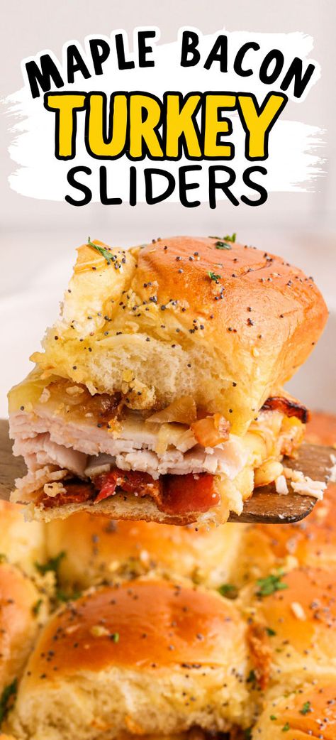 Maple and bacon turkey slider recipe Easy Turkey Sliders, Turkey Sliders On Hawaiian Rolls, Hawaiian Roll Turkey Sliders, Bacon Maple Syrup, Sliders Recipes Turkey, Sliders On Hawaiian Rolls, Bacon Turkey, Hawaiian Roll Sliders, Turkey Sliders