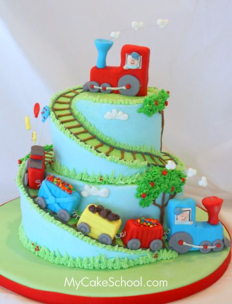 Train Cake~  From a video tutorial on MyCakeSchool.com (frosted in buttercream with fondant accents) ;0) Train Theme Birthday Party, Train Birthday Cake, Resipi Kek, Train Cake, Trains Birthday Party, Train Birthday, Fondant Figures, Cake Videos, Boy Birthday Cake