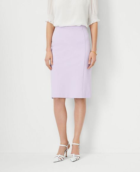 Tailored with a curved back yoke, our ponte pencil skirt radiates easy, stylish confidence. Elasticized waist. Curved back yoke. Sleeveless Wrap Top, Ann Taylor Petite, Petite Clothing, Floral Pencil Skirt, Knitted Suit, Tie Neck Tops, Closet Staples, Ruffled Sleeve Top, Petite Jeans