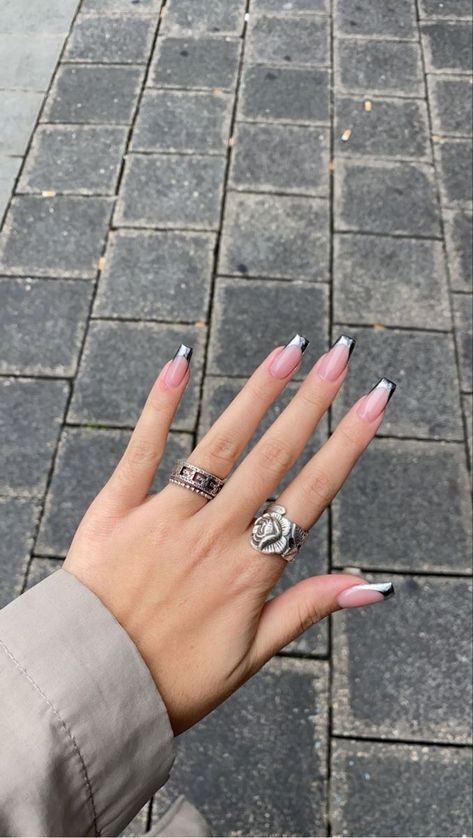 Acrylic Nails Chrome Tips, Aesthetic Black French Tip Nails, Coffin Crome Nails, Chrome Evil Eye Nails, French Chrome Tip Nails, Black Chrome Tip Nails, Black Chrome Nails French Tip, Black French Tip Chrome Nails, Black Chrome Nails Coffin