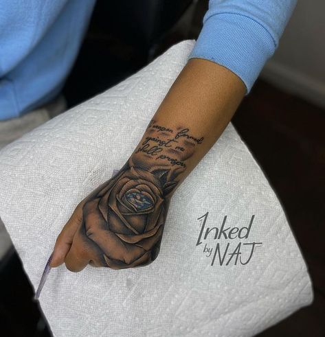 Rose And Cross Hand Tattoo, Black Hand Tattoos For Women, Brooklyn Frost Hand Tattoo, Hand Tatts For Woman, Medium Size Tattoos For Women, Dope Hand Tattoos For Women, Chocolate Tattoo, Cross Tattoo On Hand, Heart Tattoo Ideas