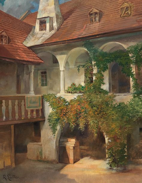 The old town hall in Waidhofen/Ybbs, signed R. Leitner, oil on canvas, 70.5 x 55 cm, framed. Dorotheum 19th Century Paintings auction. v Painting Houses On Canvas, 19th Century Buildings, Old Paintings Aesthetic, 19 Century Aesthetic, Old House Painting Art, Paintings 19th Century, Victorian House Painting Art, Old House Painting, Paintings Old