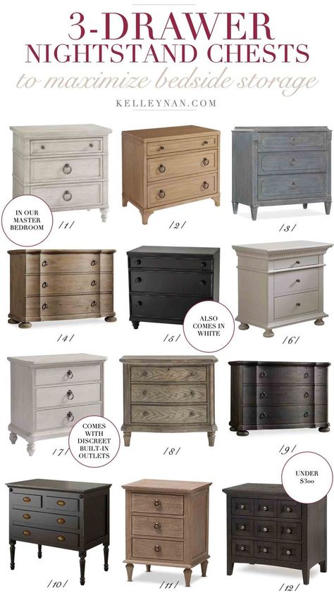 Favorite bachelor's chest three drawer nightstands to maximize bedroom storage. #bedroomdecor #nightstand #bedroomideas 36 Inch Wide Nightstand, Bachelors Chest As Nightstand, Modern Traditional Guest Bedroom, Side Dressers Night Stands Bedrooms, Bachelors Chest Nightstand, Extra Large Nightstand, Gray And Natural Wood Bedroom, Bedroom Ideas For Master Rooms, Bedroom Master Nightstands