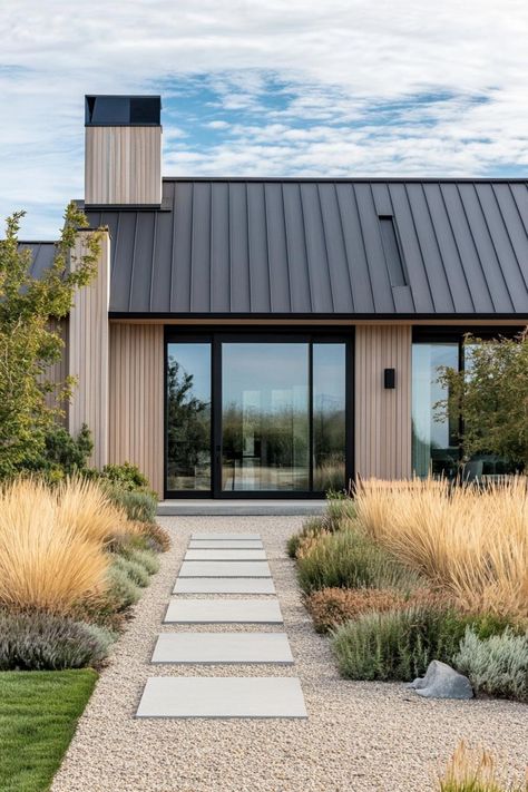 Modern house with metal roof and wooden facade. Long houses — where stretching out means more than just a good night’s sleep—it’s an adventure in architectural sprawl! Wood On Exterior Of House, Long House Design Exterior, Modern Cedar Shake House, Swiss Style House, Scandinavian Ranch House, Small Modern Concrete House, Bungalow Exterior Modern, Scandinavian Exterior House Colors, Modern Slope Roof House