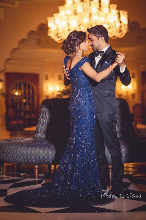 20+ Reception Gowns That We Spotted On Indian Brides Blue Reception Gown, Blue Reception Dress, Blue Engagement Dress, Midnight Blue Gown, Wedding Reception Gowns, Blue Gowns, Engagement Dress For Bride, Bride Reception Dresses, Wedding Reception Outfit