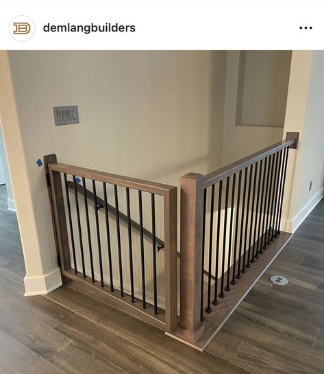 Small Stair Banister Ideas, Dark Stair Railing Light Floors, Open Staircase Ideas To Basement, New Banister Ideas, Cabin Stair Railing Ideas, Basement Railing Ideas Half Walls, Loft Safety Railing, Stairwell Railing Ideas Banisters, Indoor Bannister Ideas