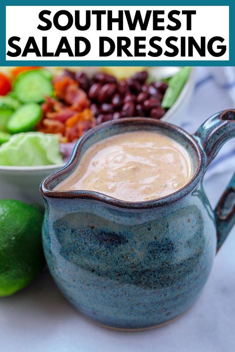 This creamy southwest salad dressing is easy and delicious, with a light and healthy twist - no mayo and no sour cream required! House Dressing Recipe Mexican, Mexican House Dressing Recipe, Spicy Salad Dressing, Southwest Salad Dressing, Mexican Salad Dressings, Southwest Dressing, Taco Salad Dressing, Making Salad, Southwest Salad