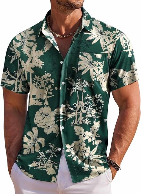 Amazon.com: COOFANDY Men's Short Sleeve Hawaiian Shirts for Men Casual Button Down Shrts Summer Beach Shirts, Green - Palm Tree, 3X-Large : Clothing, Shoes & Jewelry Mens Beach Shirts, Floral Long Sleeve Shirt, Tropical Holiday, Holiday Beach, Beach Shirt, Mens Hawaiian Shirts, Hawaiian Shirts, Shirt Short Sleeve, Mens Green