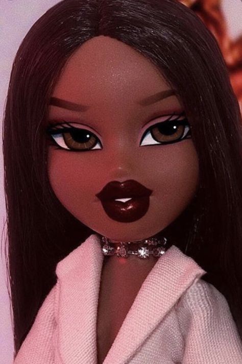 Brown Skin Bratz Doll, Sasha Bratz Doll Makeup Look, Dark Skin Bratz Doll, Bratz Black Aesthetic, Bratz Morena, Eye Widget, Black Barbie Aesthetic, Bratz Black, Bratz Doll Makeup