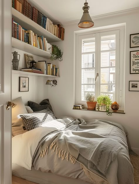 Small Bedroom Couple, Small Bedroom Library, Small Bedroom Big Bed, Small Cozy Bedroom Ideas For Couples, Tiny Bedroom Ideas Cozy, Room Ideas For Couples Bedroom, Small Couple Bedroom Ideas, Narrow Bedroom Ideas, Apartment Bedroom Decor For Couples