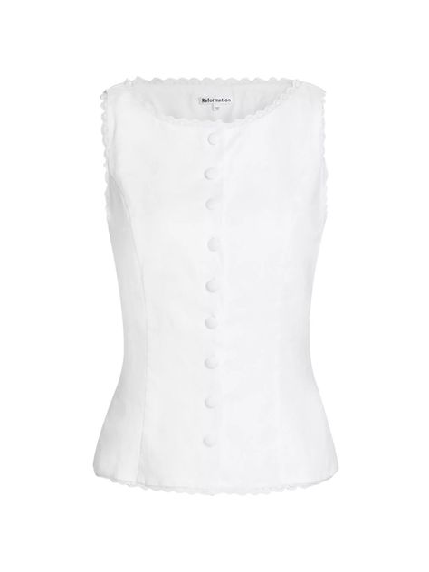 Reformation | Amela White Linen Top | Spring and Summer Tops Old Money Tops, Clay Collins, Tryst Six Venom, Linen Sleeveless Top, Money Clothes, White Linen Top, Button Fashion, Vest Tops, Easy Trendy Outfits