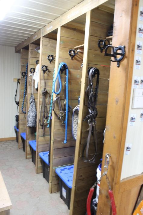 Horse Stable Organization, Tack Room Cubbies, Horse Tack Organization, Horse Boarding Facility Ideas, Tackroom Organization, Tack Room Lockers, Horse Tack Room Ideas, Stable Ideas Tack Room, Horse Tack Room Organization