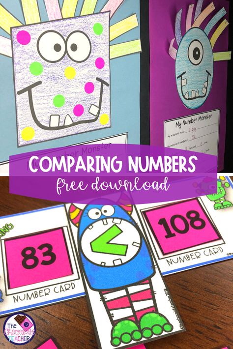 Comparing numbers with first grades can be tricky! This fun unit will have your students practicing greater than and less than with numbers 1-120. This freebie unit contains number cards and several hands-on activities to work with ten blocks and the math symbols for greater than and less than. It's common core aligned and perfect for small group work, centers, rotations, or stations. Recording sheets and a fun monster craft complete this 1st grade unit! {place value} #firstgrademath Number Comparison Activities, Comparing Numbers To 20, Greater Than Less Than Craft, Greater Than Less Than First Grade, Greater Than Less Than Activities, Comparing Numbers Activities, Numbers Activities, Math Symbols, Greater Than Less Than