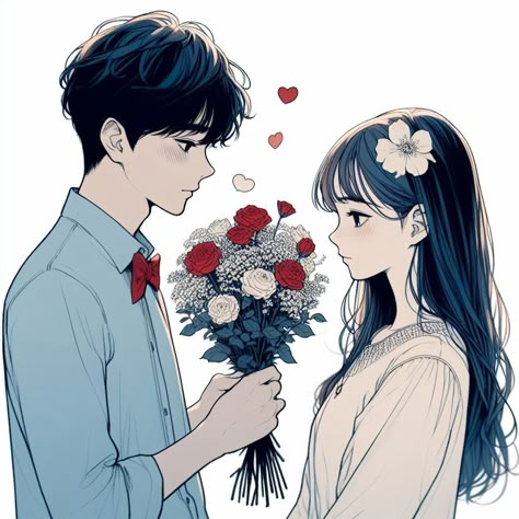 Anime Holding Flower, Anime Guy With Flowers, Couple Giving Flowers Drawing, Anime Flowers Aesthetics, Boys Over Flowers Anime, Cute Couple Sketches, The Best Anime, Couple Sketch, Sky Photography Nature