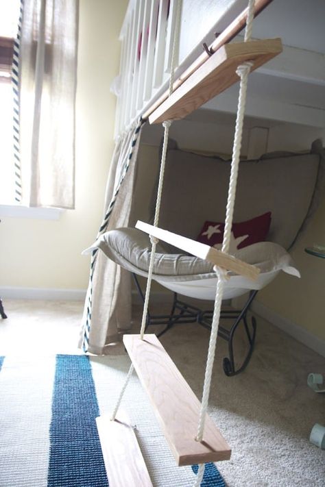 Build A Loft, Loft Bed Ideas For Small Rooms, Build A Loft Bed, Bunk Bed Ladder, A Loft Bed, Diy Loft Bed, Rope Ladder, Dream Bedroom, Kids' Room