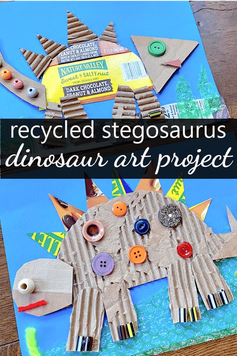 Kids Dinosaur Art, Loose Parts Dinosaurs, Dinosaur Recycle Project, Recycled Dinosaur Project, Dinosaur Art For Kindergarten, Dinosaur Craft Elementary, Stegasorus Dinosaur Craft, Dinosaur Process Art, Dinosaur Art Kindergarten